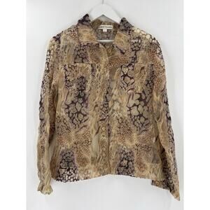 Bamboo Traders Button Up Shirt Womens Large Gold Brown Sheer Flax Animal Print